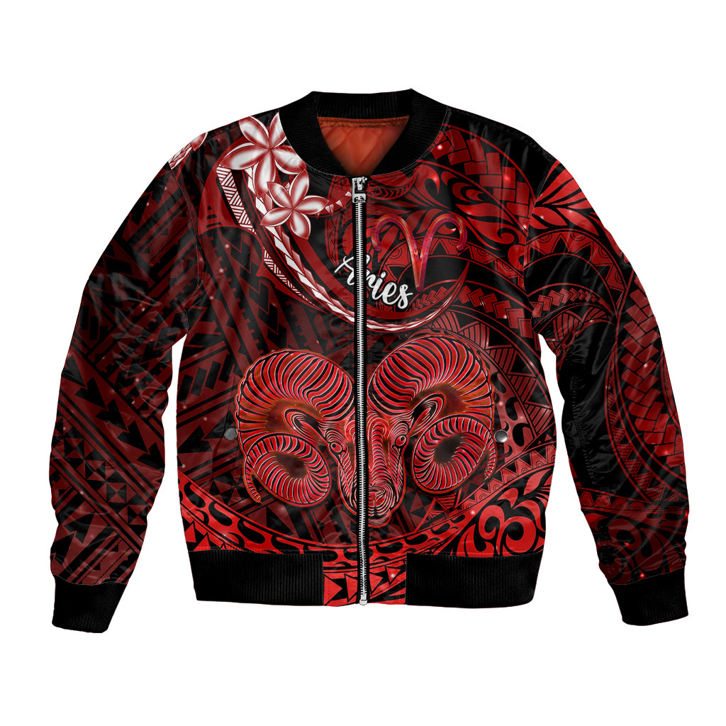 Polynesian Pride Aries Zodiac Bomber Jacket Astrological Sign Tribal Plumeria Red Galaxy - Wonder Print Shop
