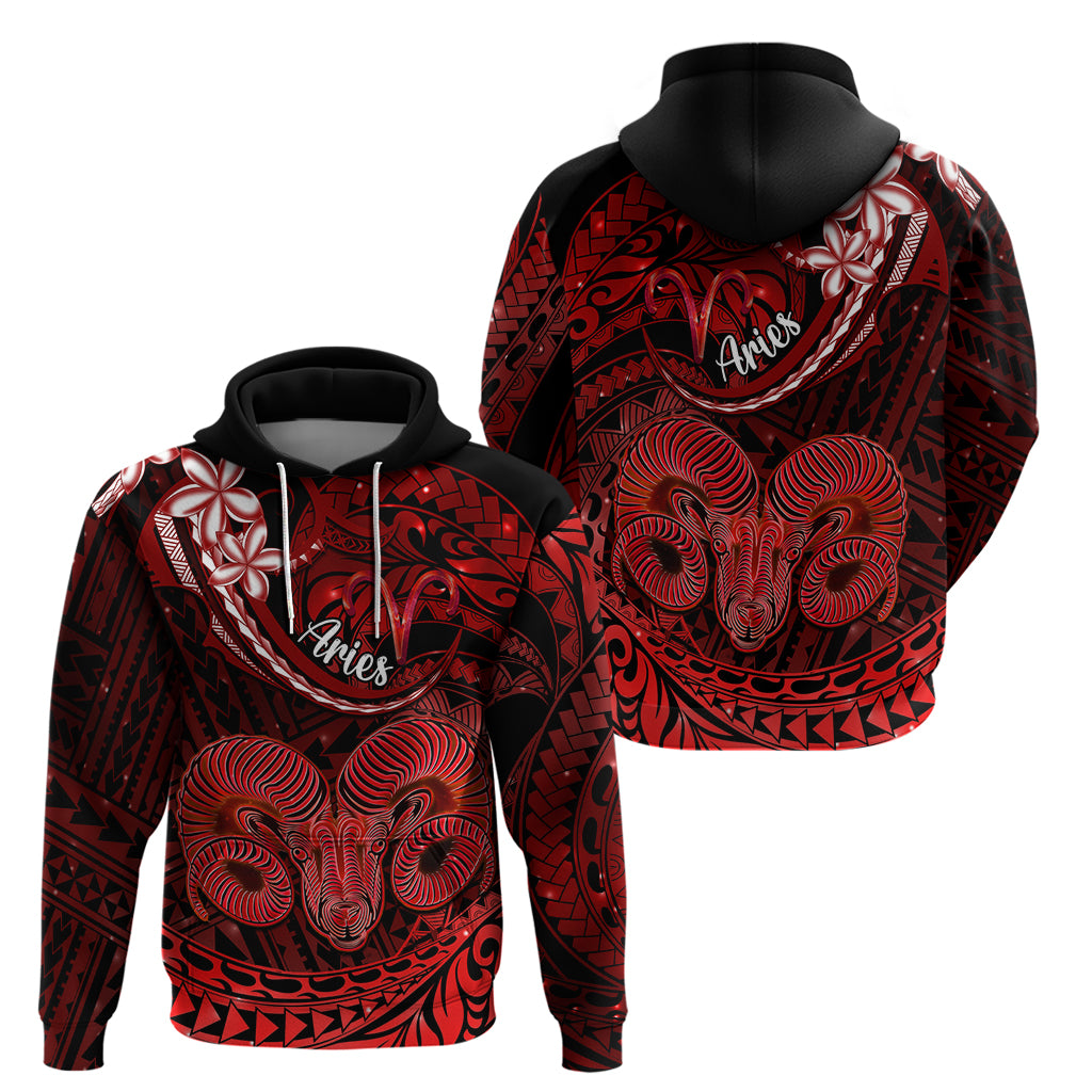 Polynesian Pride Aries Zodiac Hoodie Astrological Sign Tribal Plumeria Red Galaxy - Wonder Print Shop