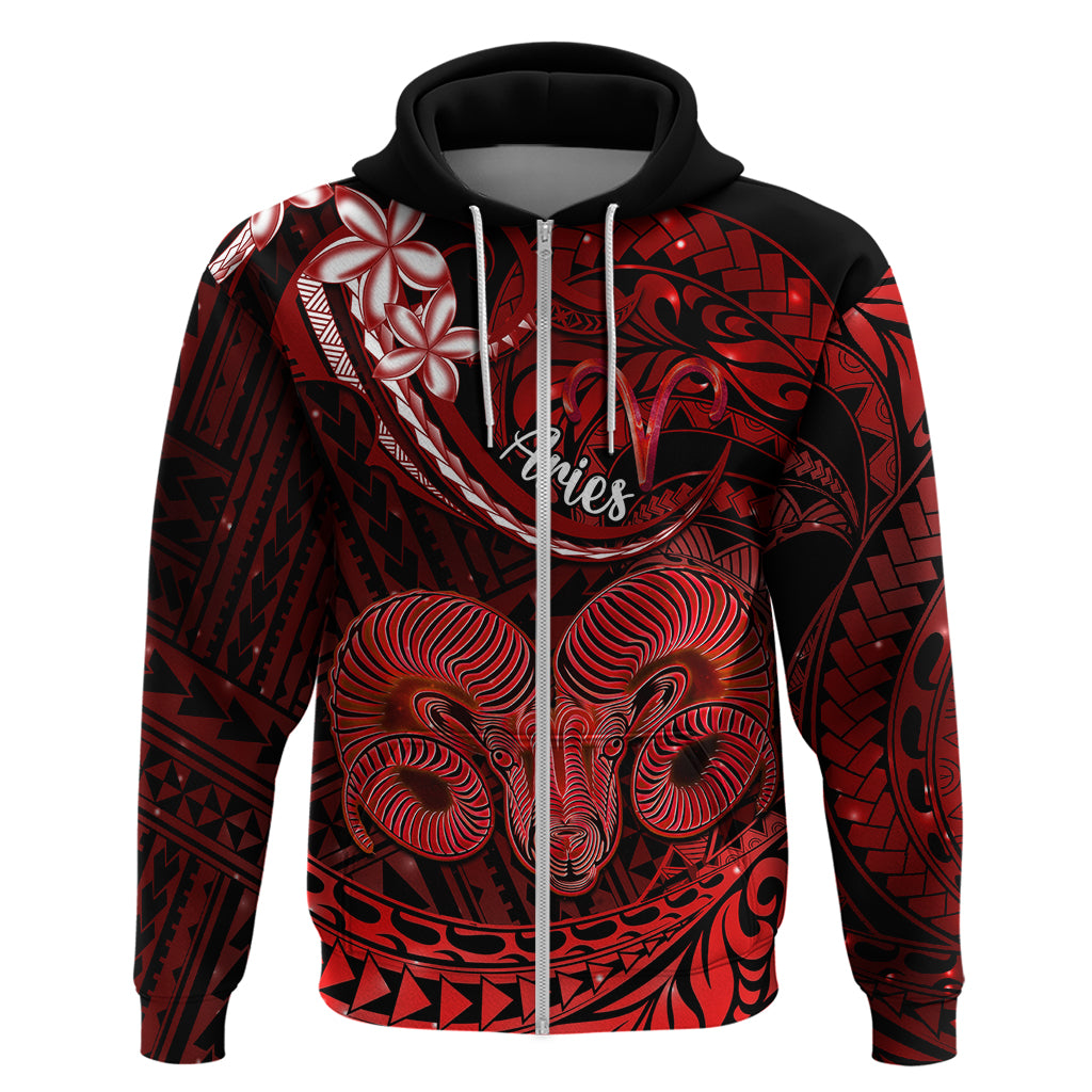 Polynesian Pride Aries Zodiac Hoodie Astrological Sign Tribal Plumeria Red Galaxy - Wonder Print Shop