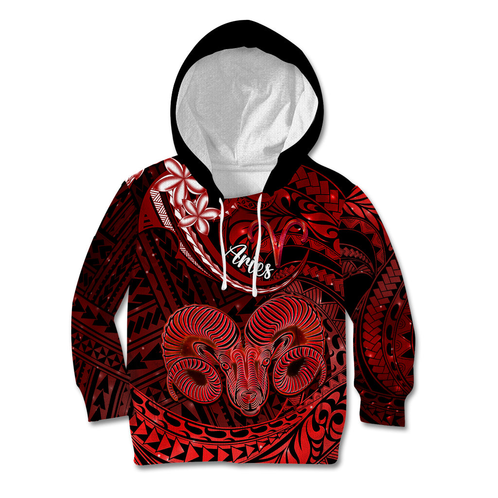 Polynesian Pride Aries Zodiac Kid Hoodie Astrological Sign Tribal Plumeria Red Galaxy - Wonder Print Shop