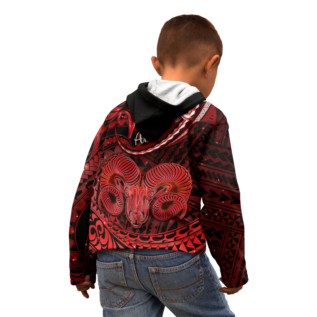 Polynesian Pride Aries Zodiac Kid Hoodie Astrological Sign Tribal Plumeria Red Galaxy - Wonder Print Shop