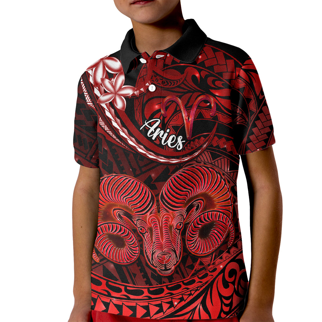 Polynesian Pride Aries Zodiac Kid Polo Shirt Astrological Sign Tribal Plumeria Red Galaxy - Wonder Print Shop