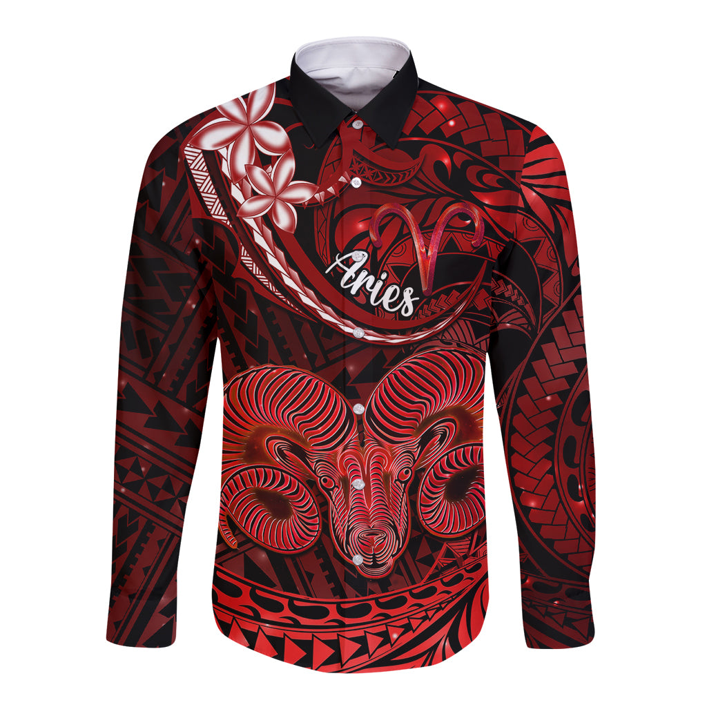 Polynesian Pride Aries Zodiac Long Sleeve Button Shirt Astrological Sign Tribal Plumeria Red Galaxy - Wonder Print Shop