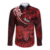 Polynesian Pride Aries Zodiac Long Sleeve Button Shirt Astrological Sign Tribal Plumeria Red Galaxy - Wonder Print Shop
