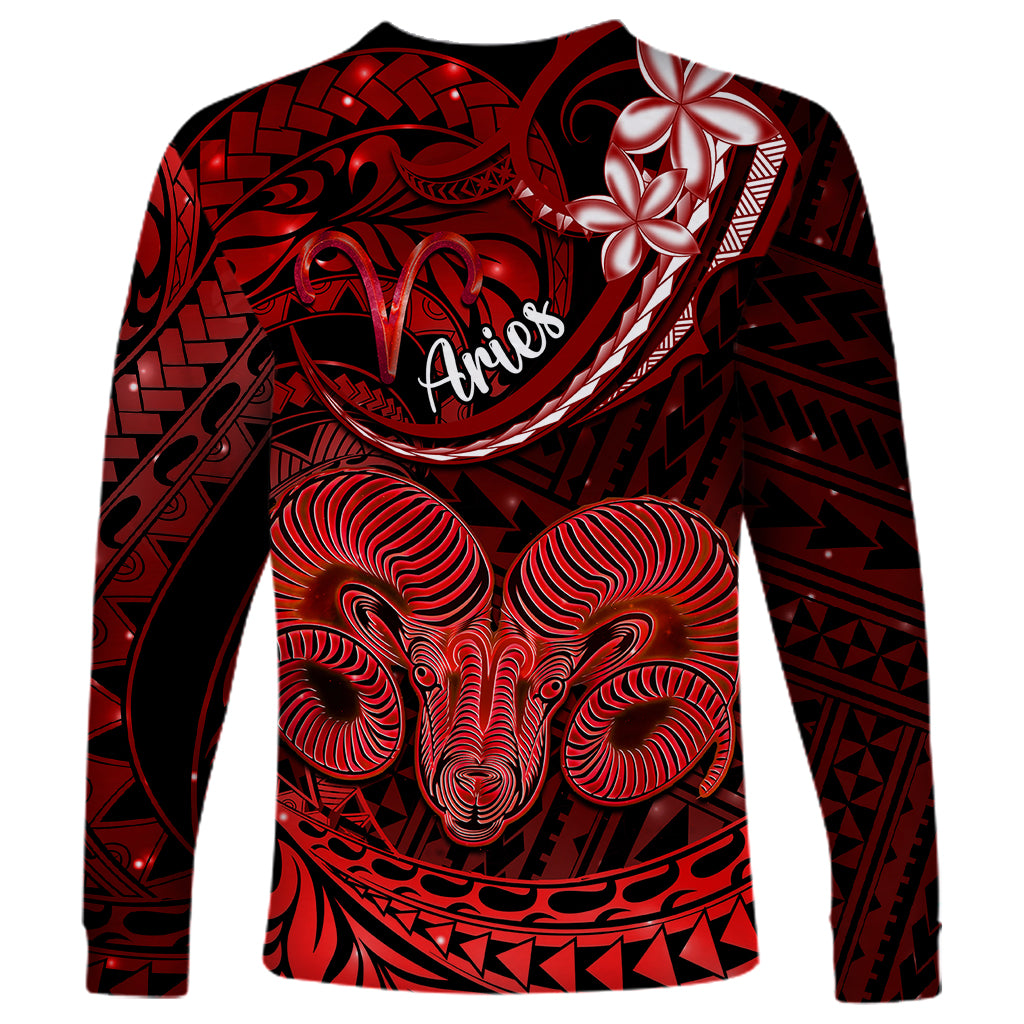 Polynesian Pride Aries Zodiac Long Sleeve Shirt Astrological Sign Tribal Plumeria Red Galaxy - Wonder Print Shop