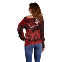 Polynesian Pride Aries Zodiac Off Shoulder Sweater Astrological Sign Tribal Plumeria Red Galaxy - Wonder Print Shop