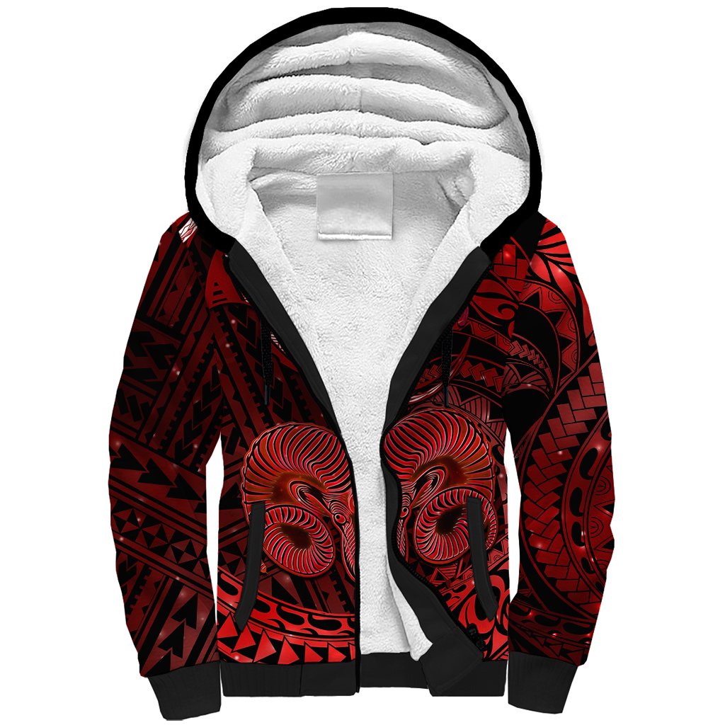 Polynesian Pride Aries Zodiac Sherpa Hoodie Astrological Sign Tribal Plumeria Red Galaxy - Wonder Print Shop