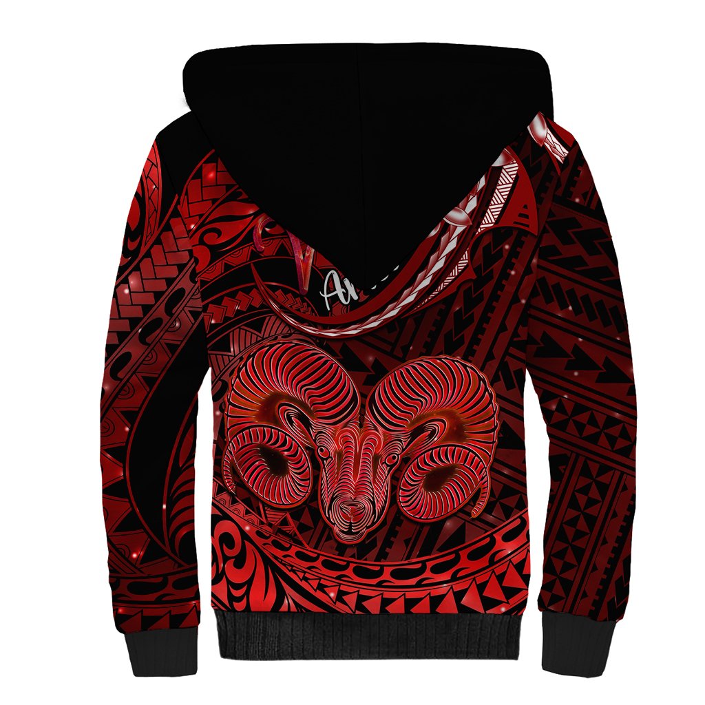 Polynesian Pride Aries Zodiac Sherpa Hoodie Astrological Sign Tribal Plumeria Red Galaxy - Wonder Print Shop