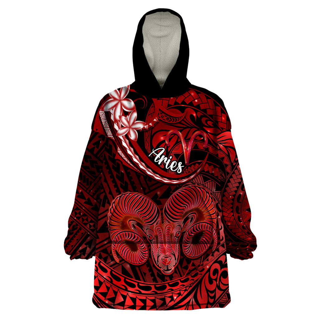 Polynesian Pride Aries Zodiac Wearable Blanket Hoodie Astrological Sign Tribal Plumeria Red Galaxy - Wonder Print Shop