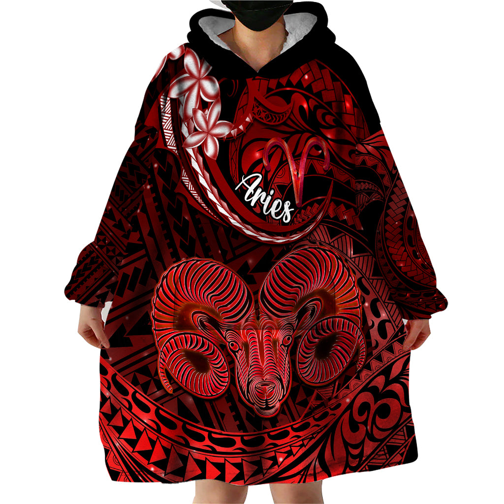 Polynesian Pride Aries Zodiac Wearable Blanket Hoodie Astrological Sign Tribal Plumeria Red Galaxy - Wonder Print Shop