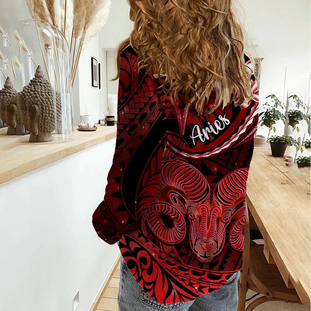 Polynesian Pride Aries Zodiac Women Casual Shirt Astrological Sign Tribal Plumeria Red Galaxy - Wonder Print Shop