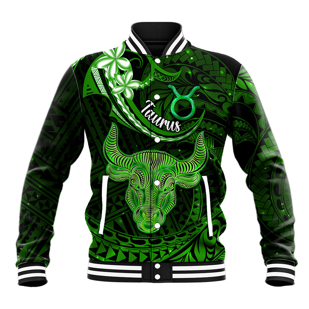 Polynesian Pride Taurus Zodiac Baseball Jacket Astrological Sign Tribal Plumeria Green Galaxy - Wonder Print Shop