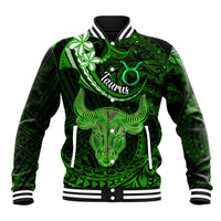 Polynesian Pride Taurus Zodiac Baseball Jacket Astrological Sign Tribal Plumeria Green Galaxy - Wonder Print Shop
