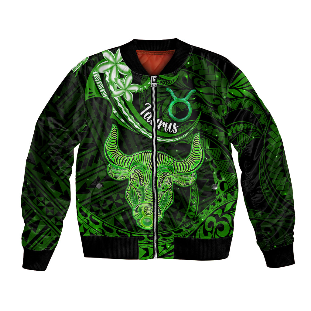 Polynesian Pride Taurus Zodiac Bomber Jacket Astrological Sign Tribal Plumeria Green Galaxy - Wonder Print Shop