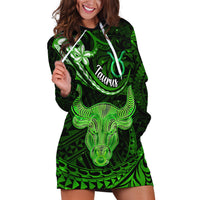 Polynesian Pride Taurus Zodiac Hoodie Dress Astrological Sign Tribal Plumeria Green Galaxy - Wonder Print Shop