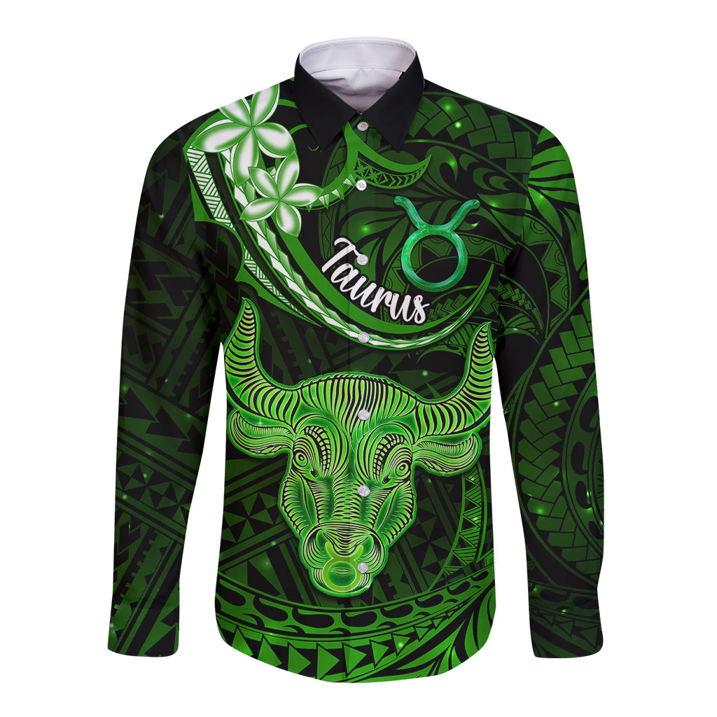 Polynesian Pride Taurus Zodiac Long Sleeve Button Shirt Astrological Sign Tribal Plumeria Green Galaxy - Wonder Print Shop