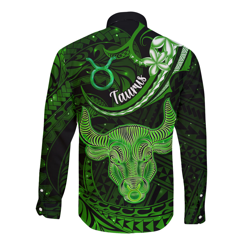 Polynesian Pride Taurus Zodiac Long Sleeve Button Shirt Astrological Sign Tribal Plumeria Green Galaxy - Wonder Print Shop