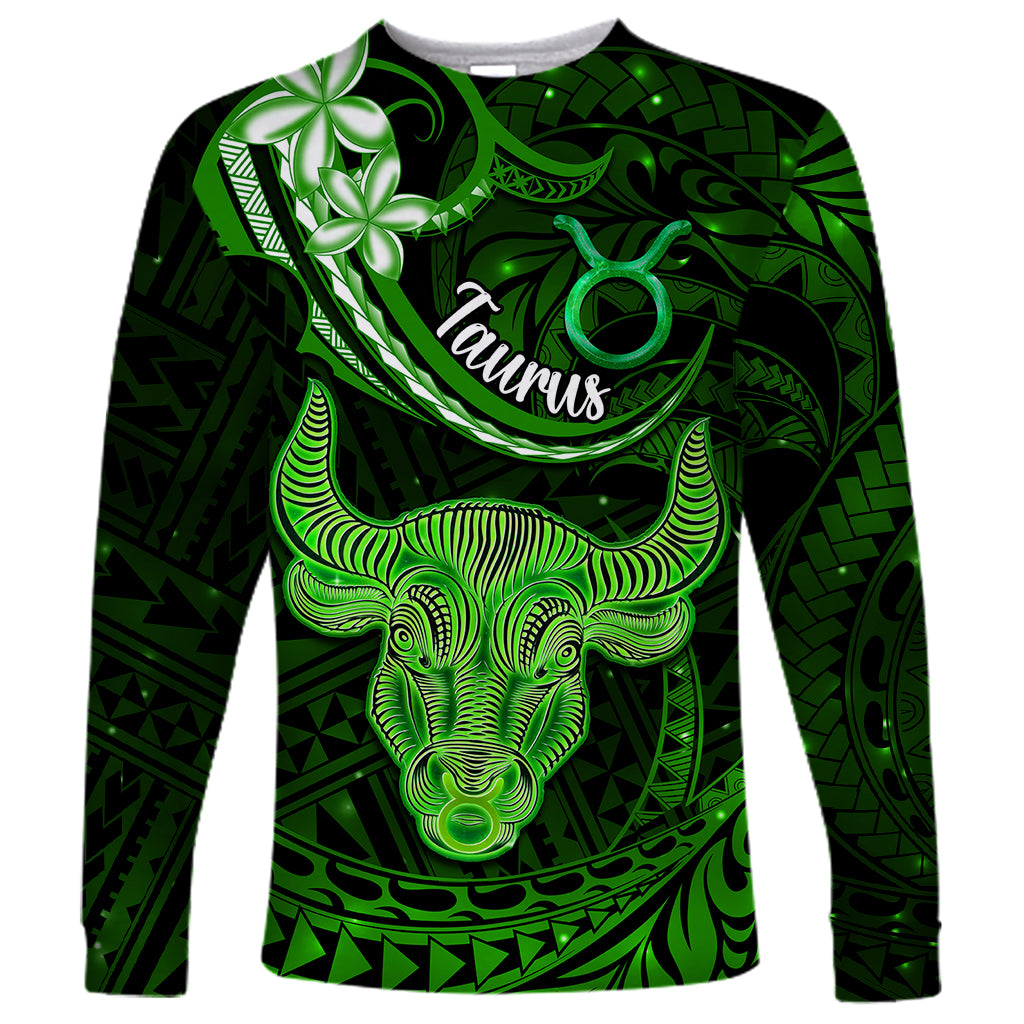 Polynesian Pride Taurus Zodiac Long Sleeve Shirt Astrological Sign Tribal Plumeria Green Galaxy - Wonder Print Shop
