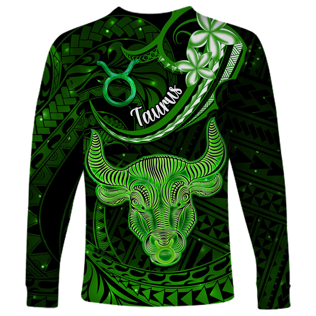 Polynesian Pride Taurus Zodiac Long Sleeve Shirt Astrological Sign Tribal Plumeria Green Galaxy - Wonder Print Shop