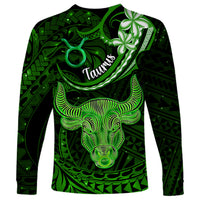 Polynesian Pride Taurus Zodiac Long Sleeve Shirt Astrological Sign Tribal Plumeria Green Galaxy - Wonder Print Shop