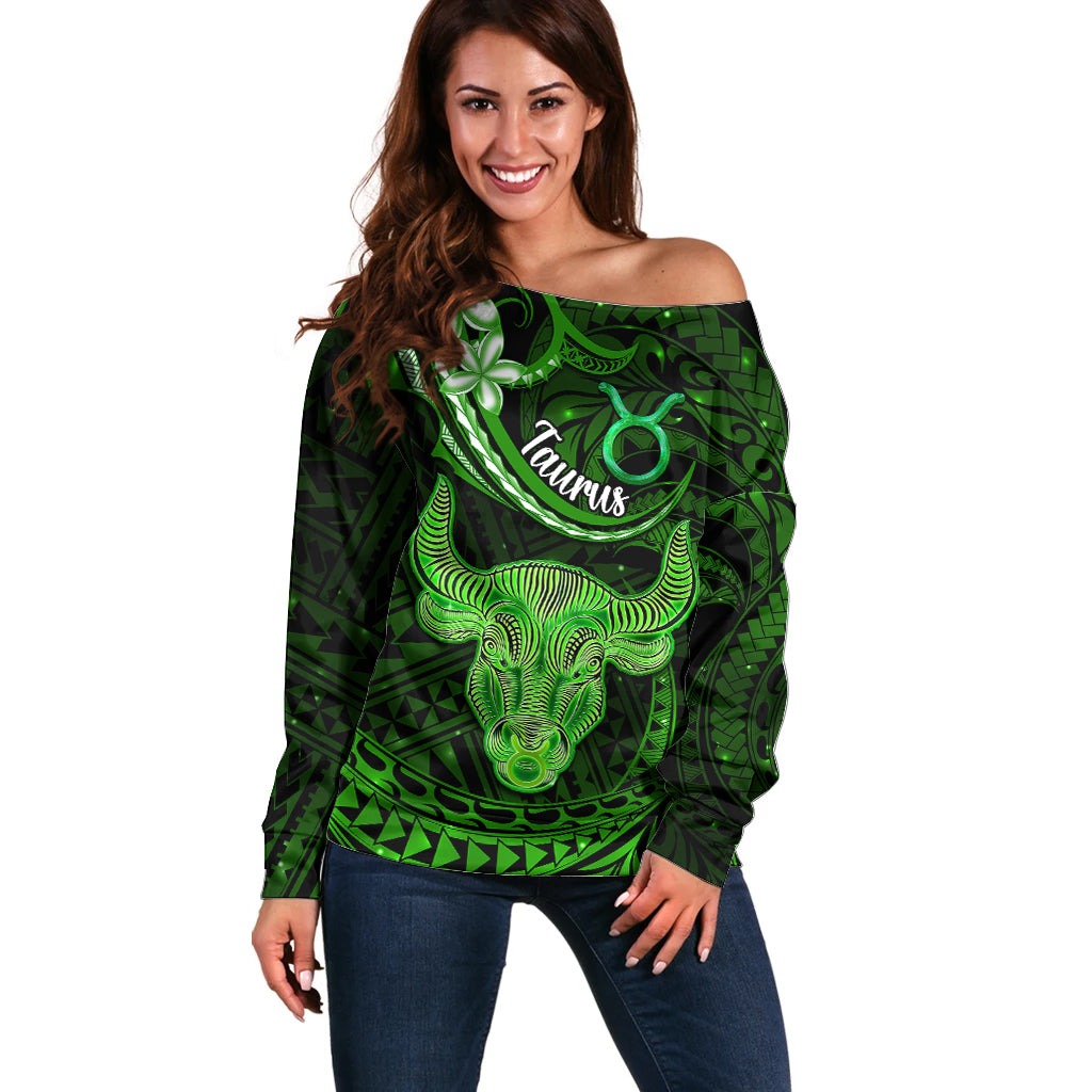 Polynesian Pride Taurus Zodiac Off Shoulder Sweater Astrological Sign Tribal Plumeria Green Galaxy - Wonder Print Shop