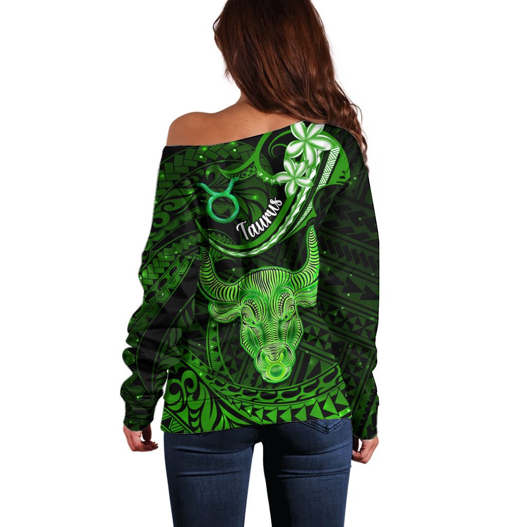 Polynesian Pride Taurus Zodiac Off Shoulder Sweater Astrological Sign Tribal Plumeria Green Galaxy - Wonder Print Shop