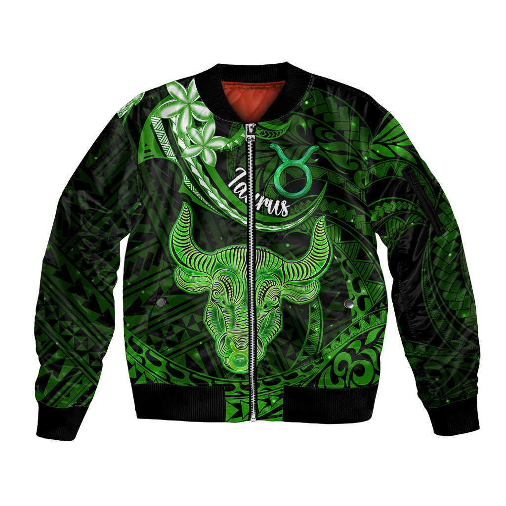 Polynesian Pride Taurus Zodiac Sleeve Zip Bomber Jacket Astrological Sign Tribal Plumeria Green Galaxy - Wonder Print Shop