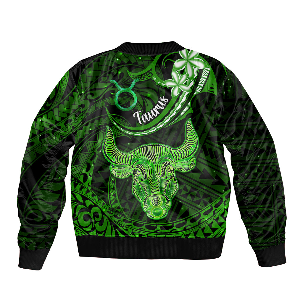 Polynesian Pride Taurus Zodiac Sleeve Zip Bomber Jacket Astrological Sign Tribal Plumeria Green Galaxy - Wonder Print Shop