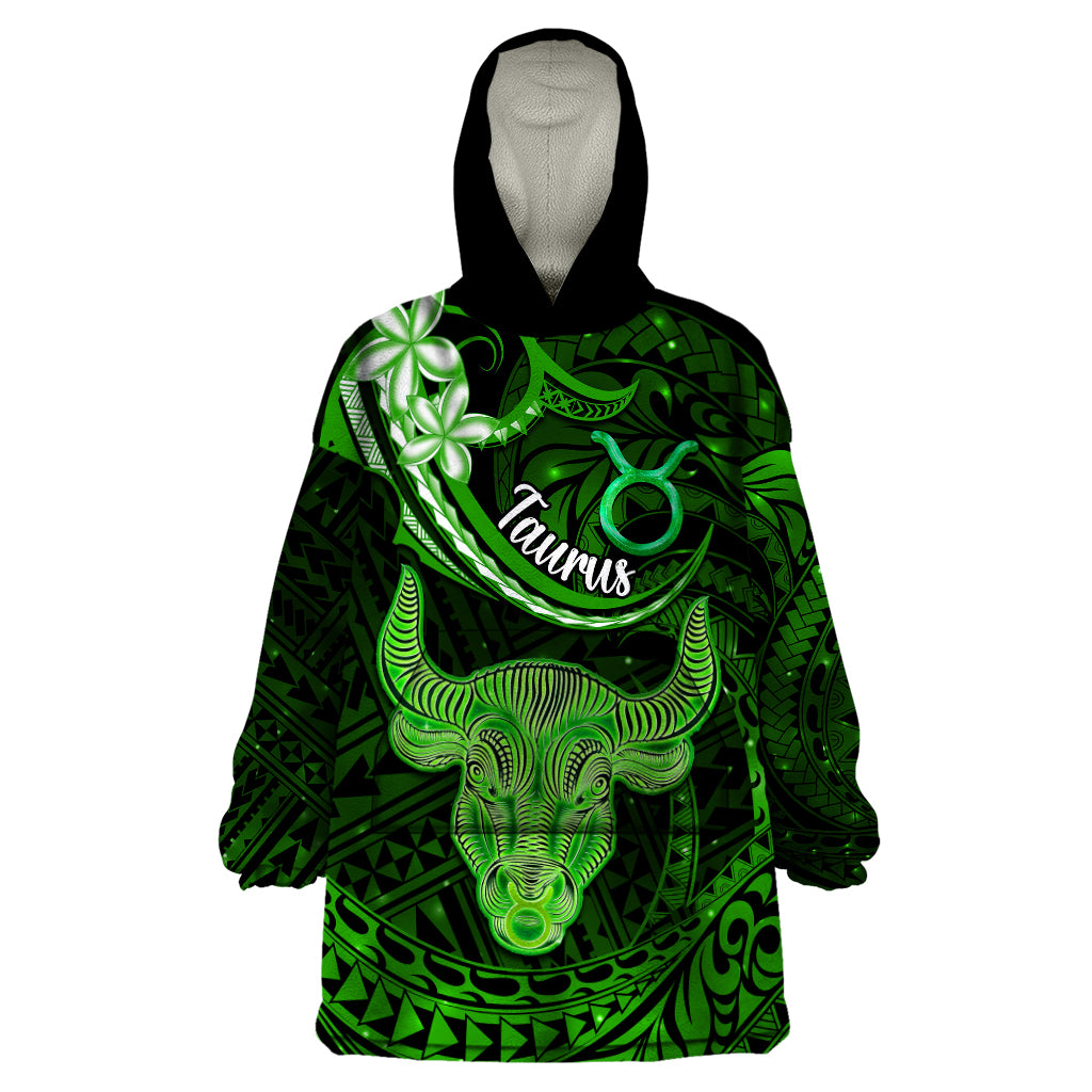 Polynesian Pride Taurus Zodiac Wearable Blanket Hoodie Astrological Sign Tribal Plumeria Green Galaxy - Wonder Print Shop