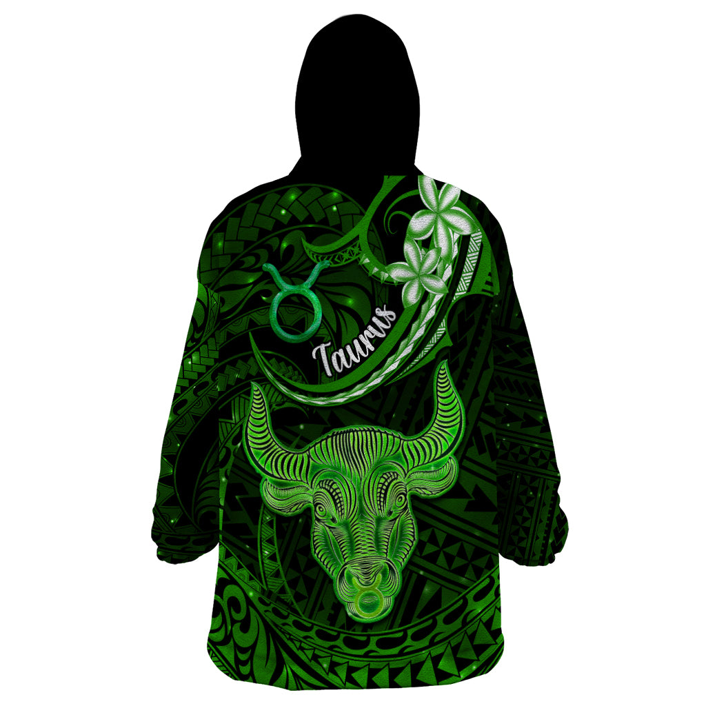 Polynesian Pride Taurus Zodiac Wearable Blanket Hoodie Astrological Sign Tribal Plumeria Green Galaxy - Wonder Print Shop