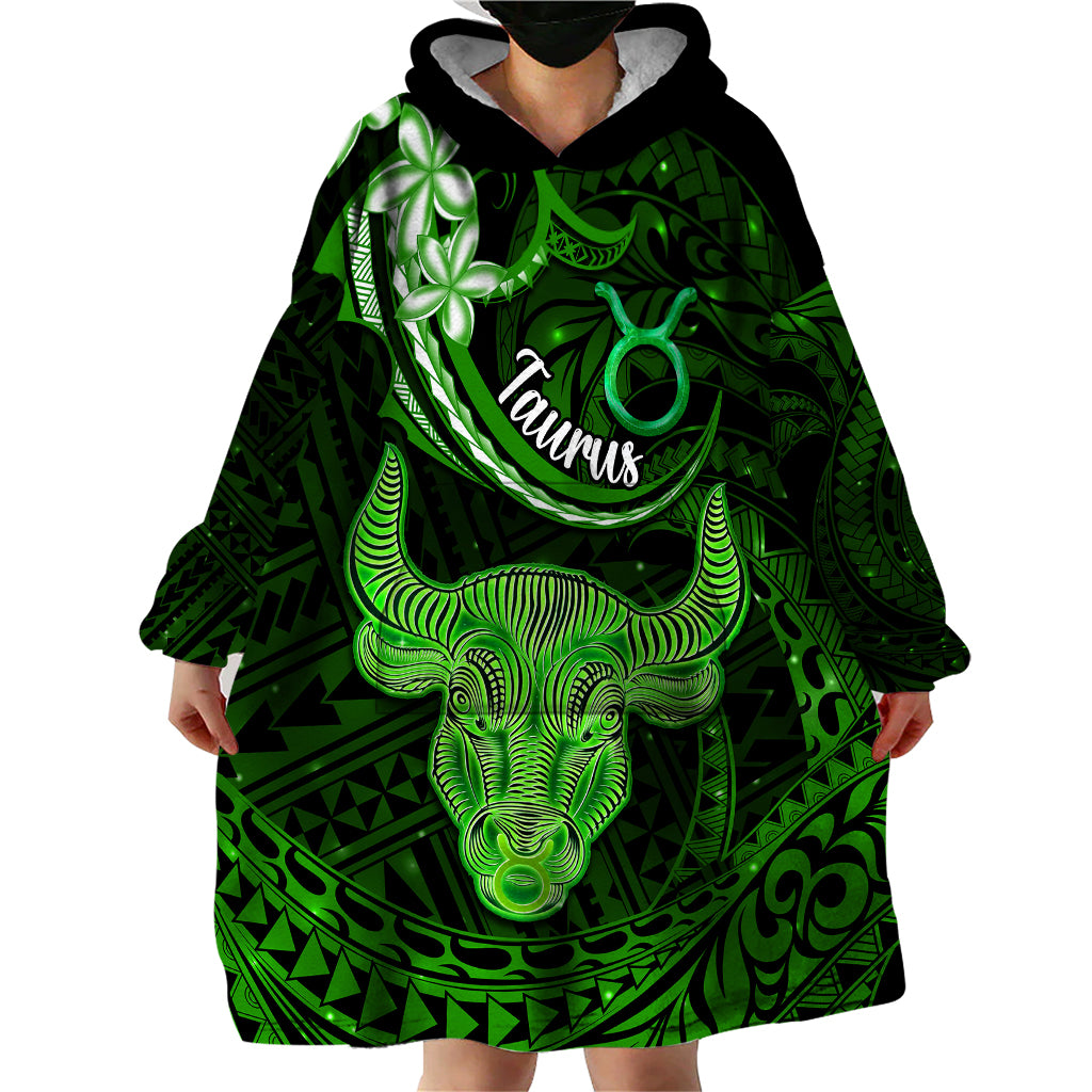 Polynesian Pride Taurus Zodiac Wearable Blanket Hoodie Astrological Sign Tribal Plumeria Green Galaxy - Wonder Print Shop