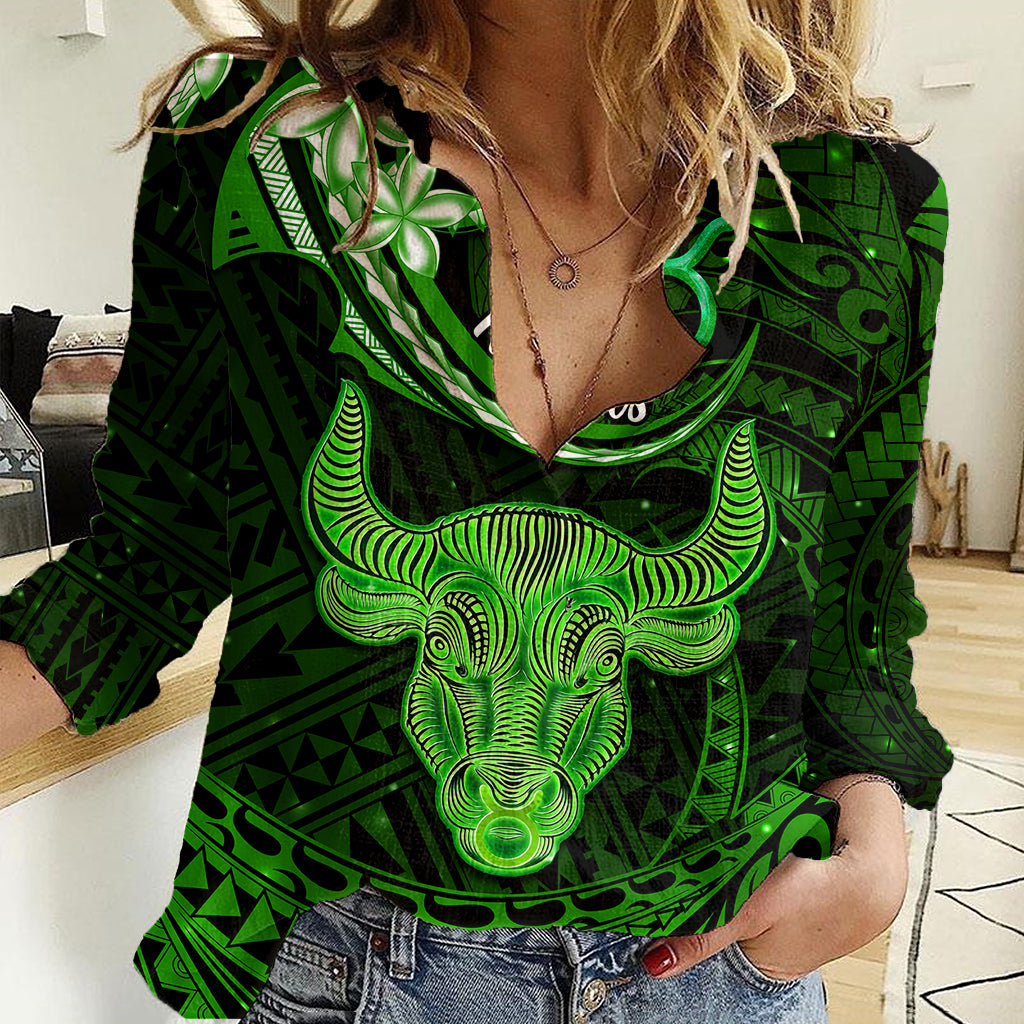 Polynesian Pride Taurus Zodiac Women Casual Shirt Astrological Sign Tribal Plumeria Green Galaxy - Wonder Print Shop