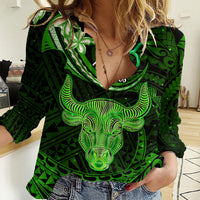 Polynesian Pride Taurus Zodiac Women Casual Shirt Astrological Sign Tribal Plumeria Green Galaxy - Wonder Print Shop