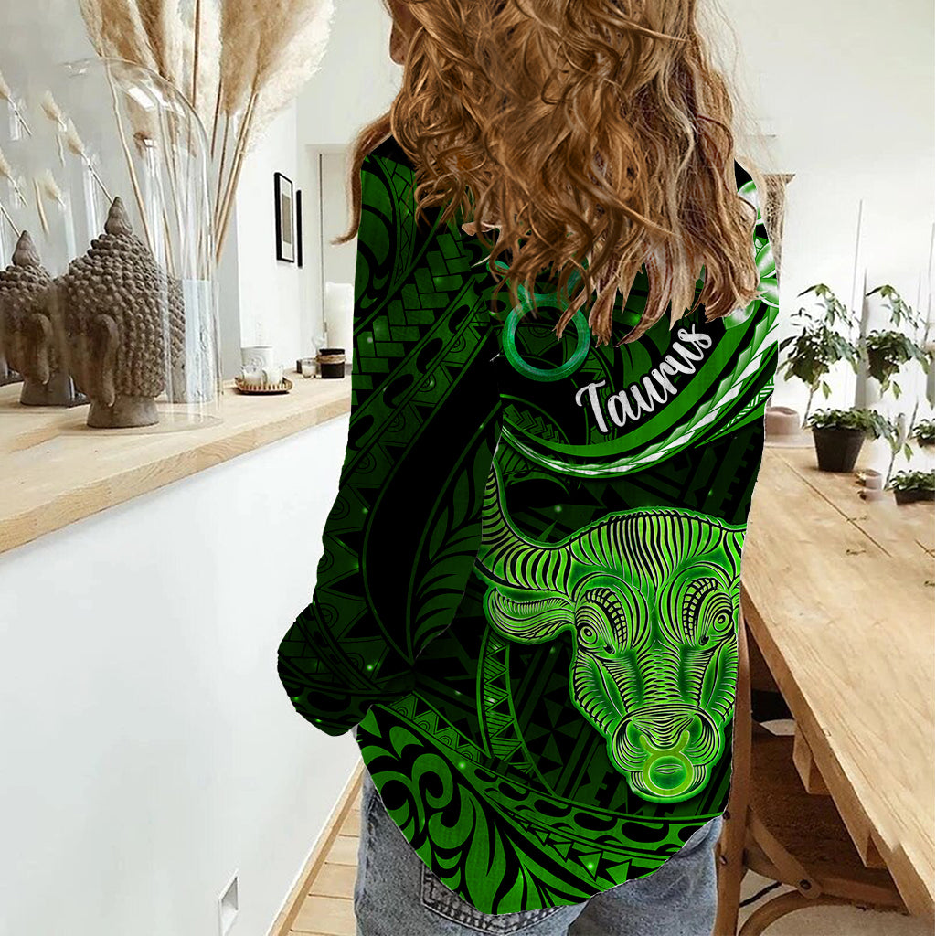 Polynesian Pride Taurus Zodiac Women Casual Shirt Astrological Sign Tribal Plumeria Green Galaxy - Wonder Print Shop