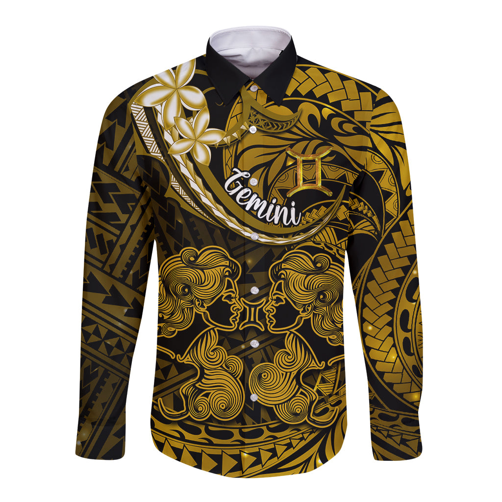 Polynesian Pride Gemini Zodiac Long Sleeve Button Shirt Astrological Sign Tribal Plumeria Gold Galaxy - Wonder Print Shop