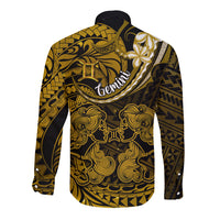 Polynesian Pride Gemini Zodiac Long Sleeve Button Shirt Astrological Sign Tribal Plumeria Gold Galaxy - Wonder Print Shop