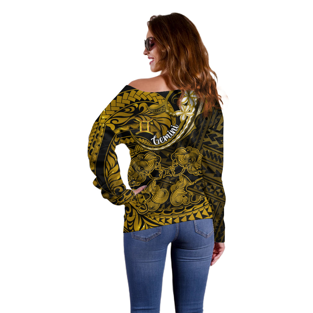 Polynesian Pride Gemini Zodiac Off Shoulder Sweater Astrological Sign Tribal Plumeria Gold Galaxy - Wonder Print Shop