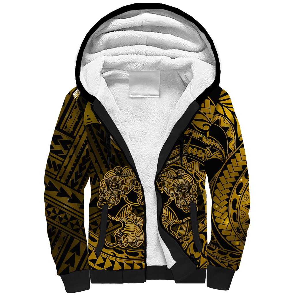 Polynesian Pride Gemini Zodiac Sherpa Hoodie Astrological Sign Tribal Plumeria Gold Galaxy - Wonder Print Shop