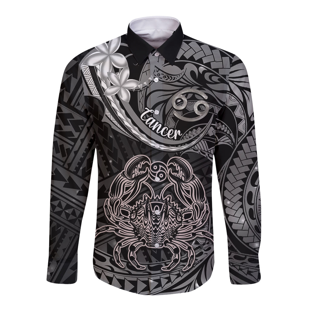 Polynesian Pride Cancer Zodiac Long Sleeve Button Shirt Astrological Sign Tribal Plumeria Grey Galaxy - Wonder Print Shop