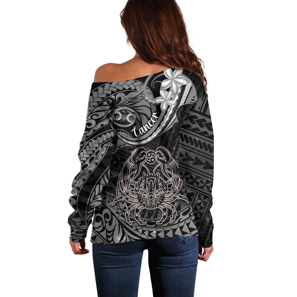 Polynesian Pride Cancer Zodiac Off Shoulder Sweater Astrological Sign Tribal Plumeria Grey Galaxy - Wonder Print Shop