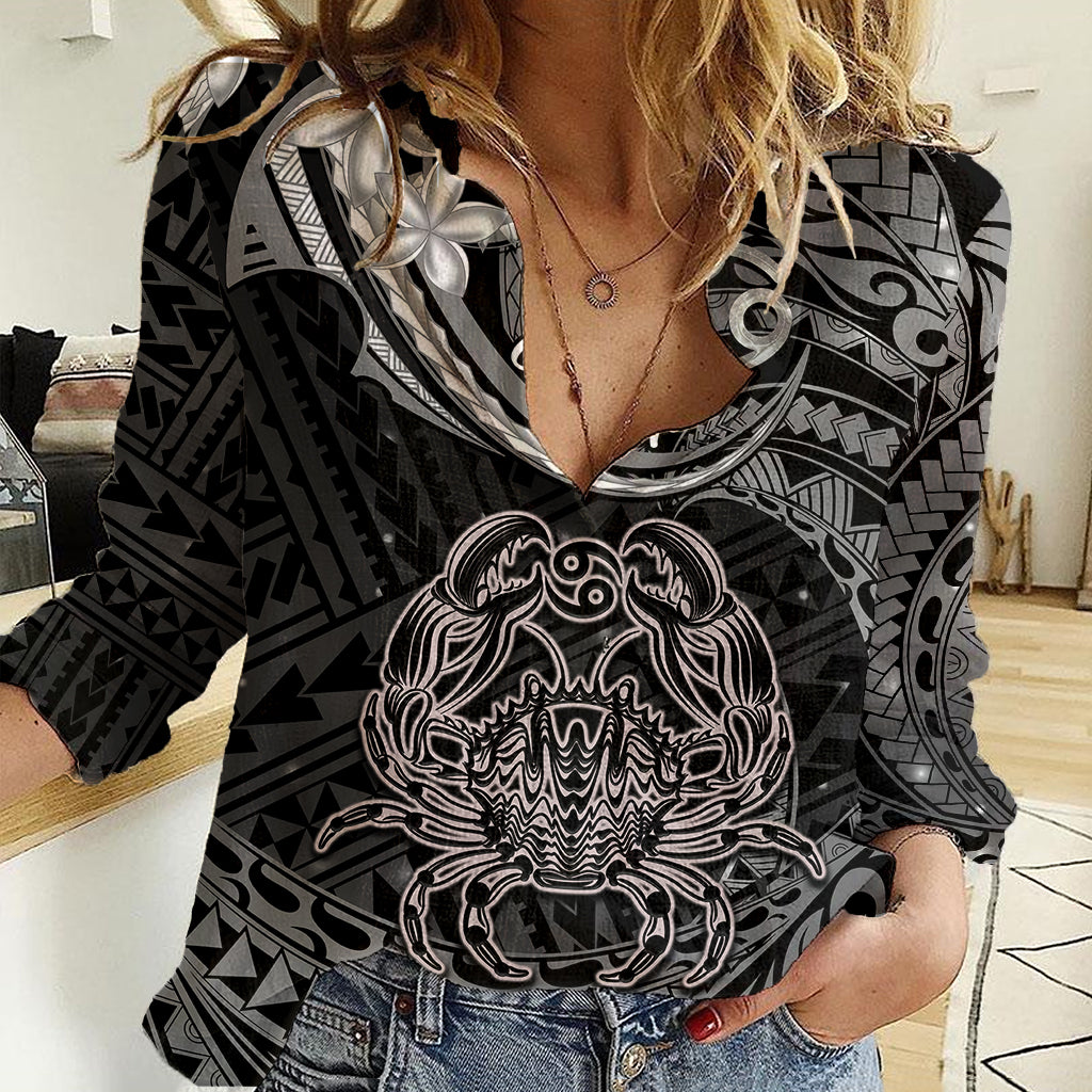Polynesian Pride Cancer Zodiac Women Casual Shirt Astrological Sign Tribal Plumeria Grey Galaxy - Wonder Print Shop