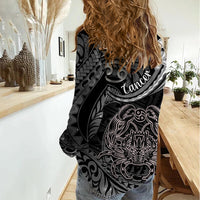 Polynesian Pride Cancer Zodiac Women Casual Shirt Astrological Sign Tribal Plumeria Grey Galaxy - Wonder Print Shop