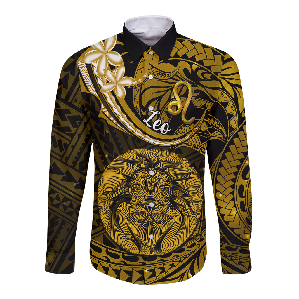 Polynesian Pride Leo Zodiac Long Sleeve Button Shirt Astrological Sign Tribal Plumeria Gold Galaxy - Wonder Print Shop