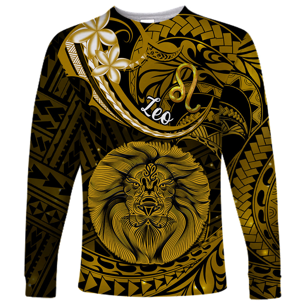 Polynesian Pride Leo Zodiac Long Sleeve Shirt Astrological Sign Tribal Plumeria Gold Galaxy - Wonder Print Shop