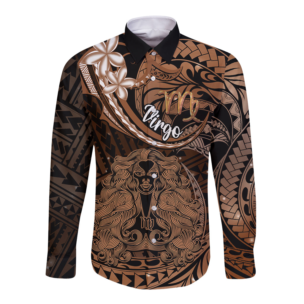Polynesian Pride Virgo Zodiac Long Sleeve Button Shirt Astrological Sign Tribal Plumeria Brown Galaxy - Wonder Print Shop
