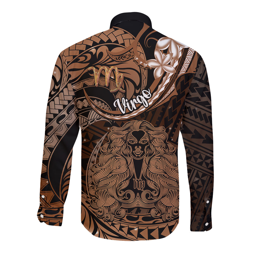 Polynesian Pride Virgo Zodiac Long Sleeve Button Shirt Astrological Sign Tribal Plumeria Brown Galaxy - Wonder Print Shop