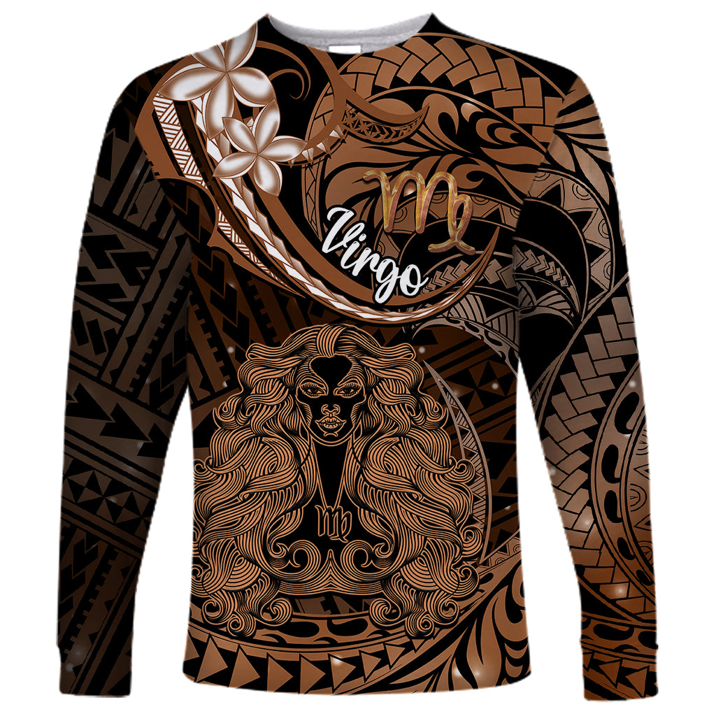 Polynesian Pride Virgo Zodiac Long Sleeve Shirt Astrological Sign Tribal Plumeria Brown Galaxy - Wonder Print Shop