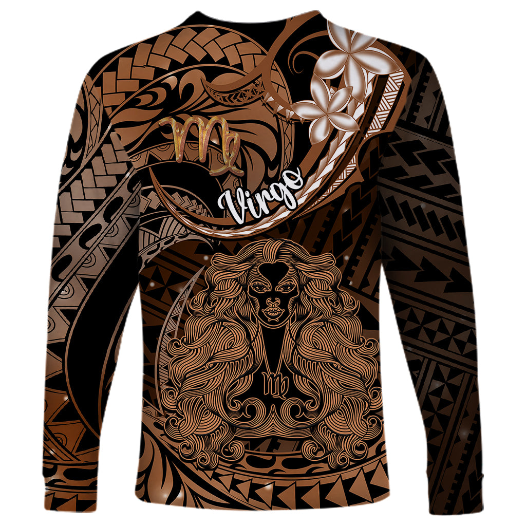 Polynesian Pride Virgo Zodiac Long Sleeve Shirt Astrological Sign Tribal Plumeria Brown Galaxy - Wonder Print Shop