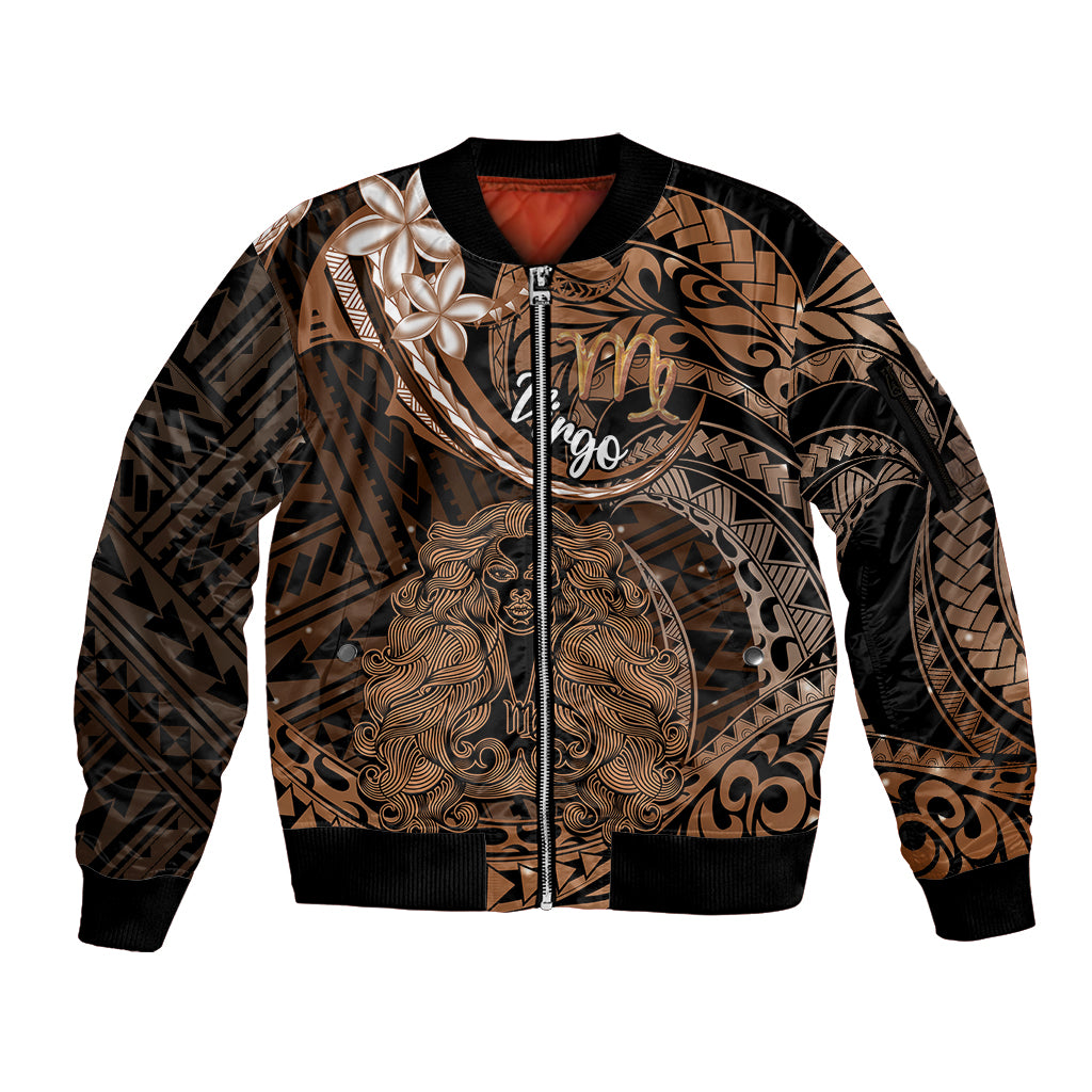 Polynesian Pride Virgo Zodiac Sleeve Zip Bomber Jacket Astrological Sign Tribal Plumeria Brown Galaxy - Wonder Print Shop