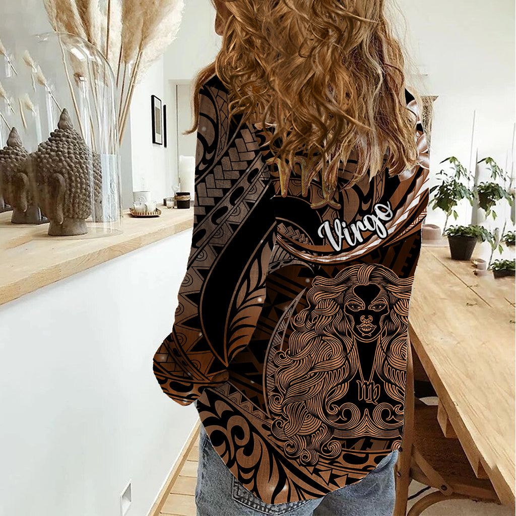 Polynesian Pride Virgo Zodiac Women Casual Shirt Astrological Sign Tribal Plumeria Brown Galaxy - Wonder Print Shop